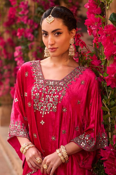 Buy Reeti Arneja Pink Velvet, Cotton Embroidery, Beads Square Neck Hand Kurta With Dhoti Pant Online at Aza Fashions Buy_Reeti Arneja_Pink Velvet, Cotton Embroidery, Beads Square Neck Hand Kurta With Dhoti Pant _Online_at_Aza_Fashions