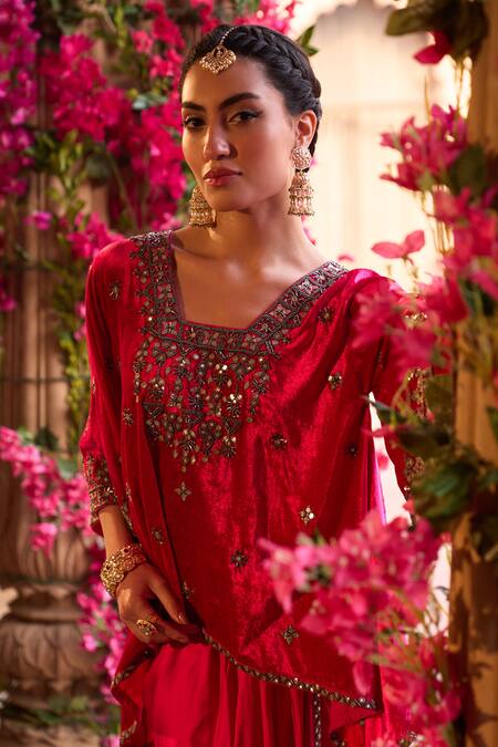 Shop Reeti Arneja Pink Velvet, Cotton Embroidery, Beads Square Neck Hand Kurta With Dhoti Pant Online at Aza Fashions Shop_Reeti Arneja_Pink Velvet, Cotton Embroidery, Beads Square Neck Hand Kurta With Dhoti Pant _Online_at_Aza_Fashions