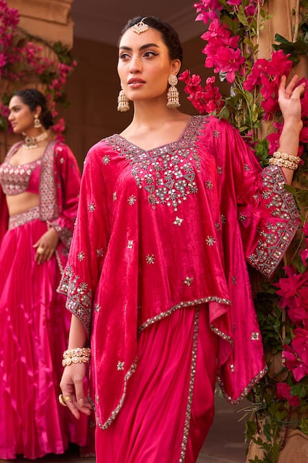 Reeti Arneja Pink Velvet, Cotton Embroidery, Beads Square Neck Hand Kurta With Dhoti Pant at Aza Fashions Reeti Arneja_Pink Velvet, Cotton Embroidery, Beads Square Neck Hand Kurta With Dhoti Pant _at_Aza_Fashions