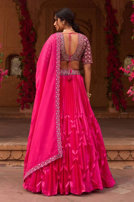 Shop Reeti Arneja Pink Velvet, Georgette, Geometric Pleated Lehenga Hand Embroidered Blouse Set at Aza Fashions Shop_Reeti Arneja_Pink Velvet, Georgette, Geometric Pleated Lehenga Hand Embroidered Blouse Set _at_Aza_Fashions