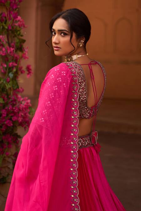Reeti Arneja Pink Velvet, Georgette, Geometric Pleated Lehenga Hand Embroidered Blouse Set at Aza Fashions Reeti Arneja_Pink Velvet, Georgette, Geometric Pleated Lehenga Hand Embroidered Blouse Set _at_Aza_Fashions