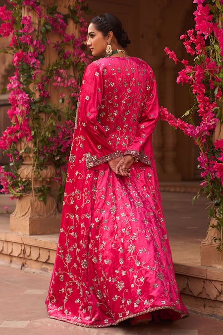 Shop Reeti Arneja Pink Silk, Taffeta Sequins, Beads, Cut Hand Embroidered Long Jacket Lehenga Set at Aza Fashions Shop_Reeti Arneja_Pink Silk, Taffeta Sequins, Beads, Cut Hand Embroidered Long Jacket Lehenga Set _at_Aza_Fashions