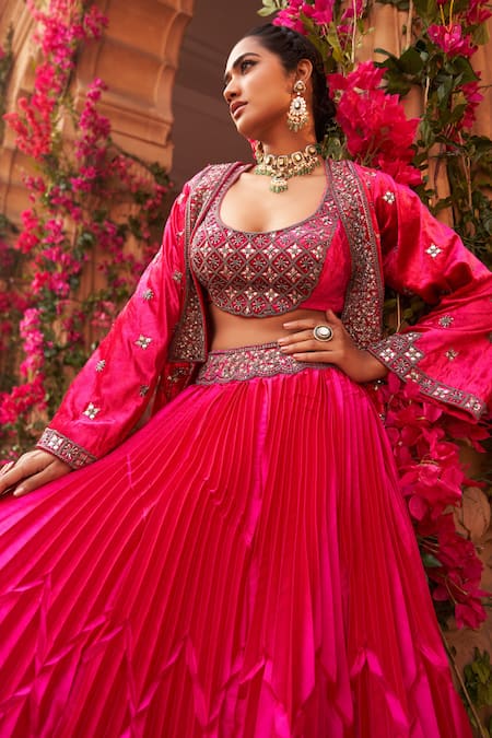 Reeti Arneja_Pink Silk, Taffeta Sequins, Beads, Cut Hand Embroidered Long Jacket Lehenga Set _Online_at_Aza_Fashions