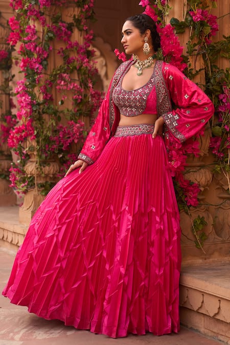 Buy Reeti Arneja Pink Silk, Taffeta Sequins, Beads, Cut Hand Embroidered Long Jacket Lehenga Set Online at Aza Fashions Buy_Reeti Arneja_Pink Silk, Taffeta Sequins, Beads, Cut Hand Embroidered Long Jacket Lehenga Set _Online_at_Aza_Fashions