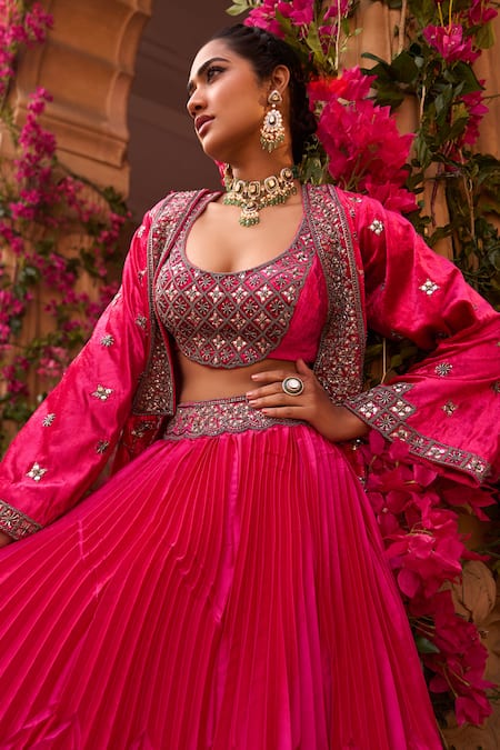 Shop Reeti Arneja Pink Silk, Taffeta Sequins, Beads, Cut Hand Embroidered Long Jacket Lehenga Set Online at Aza Fashions Shop_Reeti Arneja_Pink Silk, Taffeta Sequins, Beads, Cut Hand Embroidered Long Jacket Lehenga Set _Online_at_Aza_Fashions
