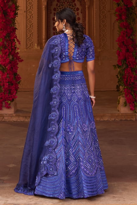 Shop Reeti Arneja Blue Organza Embroidery, Zari, Smocking Plunge Swarovski Bridal Lehenga Set at Aza Fashions Shop_Reeti Arneja_Blue Organza Embroidery, Zari, Smocking Plunge Swarovski Bridal Lehenga Set _at_Aza_Fashions