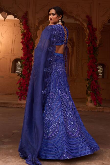 Reeti Arneja Blue Organza Embroidery, Zari, Smocking Plunge Swarovski Bridal Lehenga Set at Aza Fashions Reeti Arneja_Blue Organza Embroidery, Zari, Smocking Plunge Swarovski Bridal Lehenga Set _at_Aza_Fashions