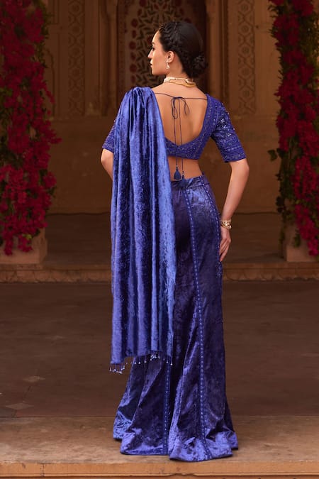 Shop Reeti Arneja Blue Silk, Organza Smocking, Stones Swarovski Embroidered Pre-stitched Saree Set at Aza Fashions Shop_Reeti Arneja_Blue Silk, Organza Smocking, Stones Swarovski Embroidered Pre-stitched Saree Set _at_Aza_Fashions