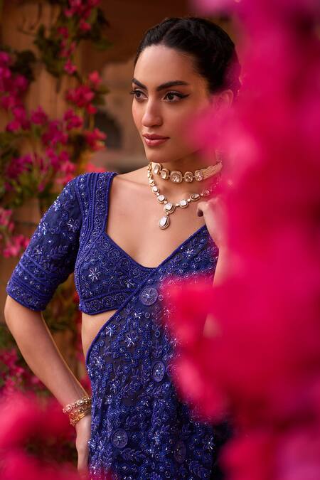 Reeti Arneja Blue Silk, Organza Smocking, Stones Swarovski Embroidered Pre-stitched Saree Set Online at Aza Fashions Reeti Arneja_Blue Silk, Organza Smocking, Stones Swarovski Embroidered Pre-stitched Saree Set _Online_at_Aza_Fashions
