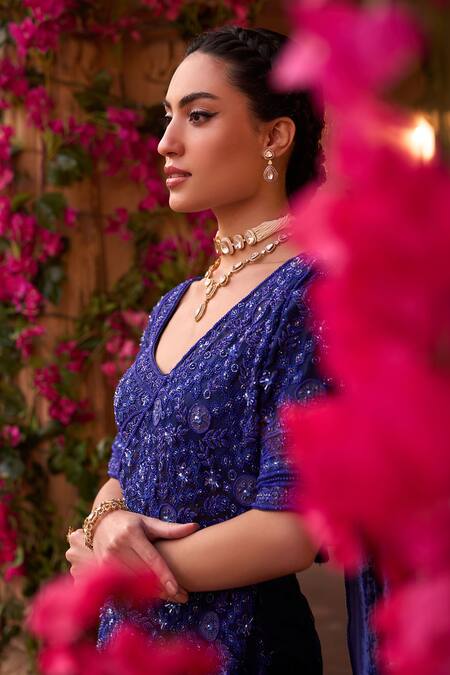 Buy Reeti Arneja Blue Silk, Organza Smocking, Stones Swarovski Embroidered Pre-stitched Saree Set Online at Aza Fashions Buy_Reeti Arneja_Blue Silk, Organza Smocking, Stones Swarovski Embroidered Pre-stitched Saree Set _Online_at_Aza_Fashions