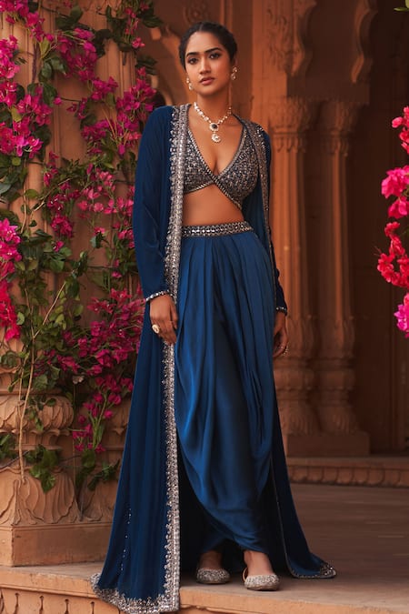 Shop Reeti Arneja Blue Velvet, Modal, Satin Beads, Zari Tribal Embroidered Border Cape Salwar Set at Aza Fashions Shop_Reeti Arneja_Blue Velvet, Modal, Satin Beads, Zari Tribal Embroidered Border Cape Salwar Set _at_Aza_Fashions