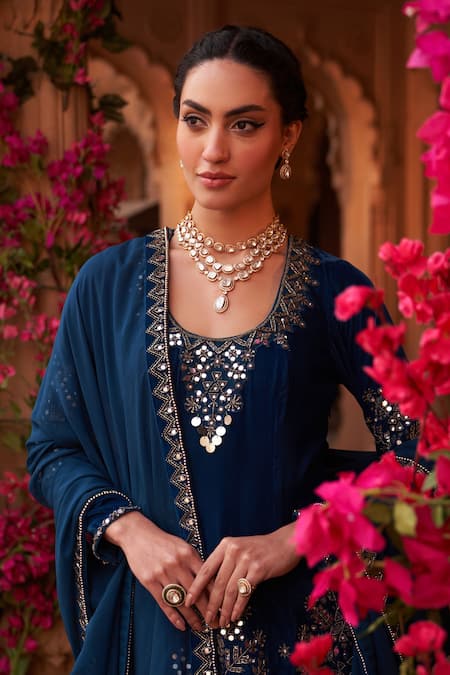 Reeti Arneja_Blue Velvet Cut Work, Beads, Mirrors Boho Embroidered Kurta Patiala Salwar Set _Online_at_Aza_Fashions