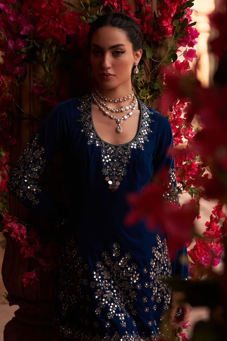 Buy_Reeti Arneja_Blue Velvet Cut Work, Beads, Mirrors Boho Embroidered Kurta Patiala Salwar Set _Online_at_Aza_Fashions