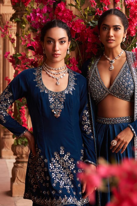 Shop_Reeti Arneja_Blue Velvet Cut Work, Beads, Mirrors Boho Embroidered Kurta Patiala Salwar Set _Online_at_Aza_Fashions