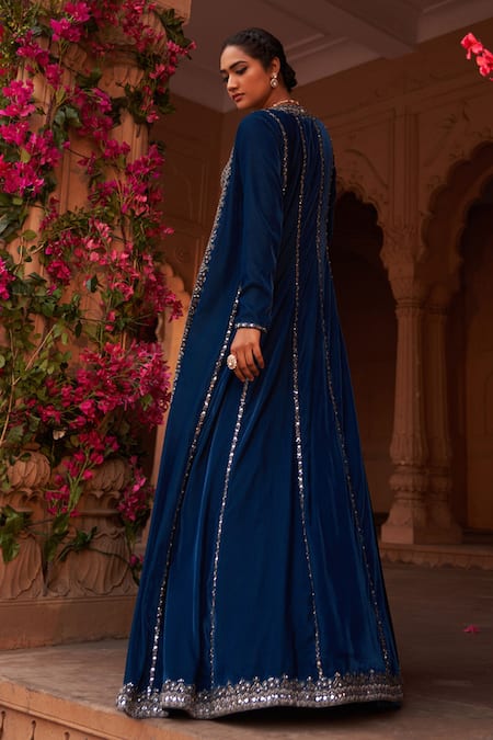 Shop_Reeti Arneja_Blue Modal, Satin, Organza Embroidery, Zari, Tribal Border Jacket Lehenga Set _at_Aza_Fashions