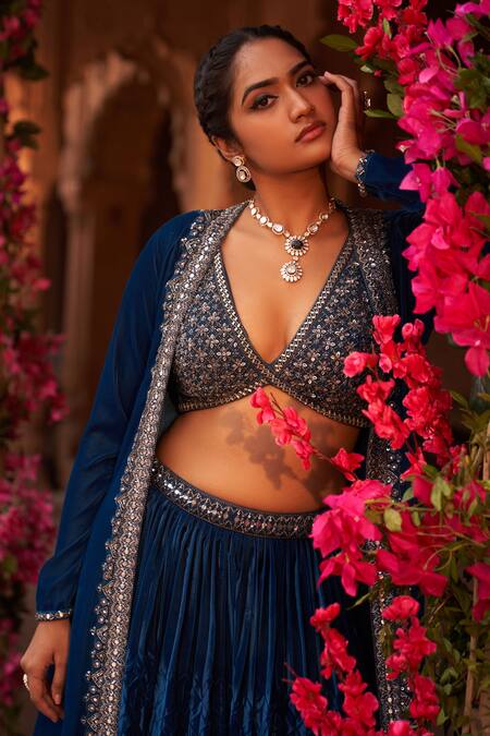 Buy_Reeti Arneja_Blue Modal, Satin, Organza Embroidery, Zari, Tribal Border Jacket Lehenga Set _Online_at_Aza_Fashions