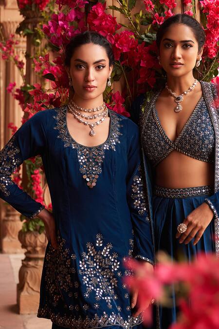 Reeti Arneja Blue Modal, Satin, Organza Embroidery, Zari, Tribal Border Jacket Lehenga Set at Aza Fashions Reeti Arneja_Blue Modal, Satin, Organza Embroidery, Zari, Tribal Border Jacket Lehenga Set _at_Aza_Fashions