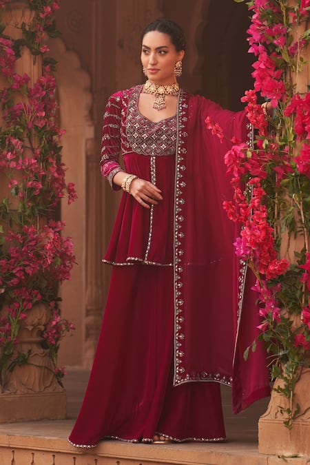 Shop Reeti Arneja Magenta Velvet, Organza Sequins, Metallic Thread, Mukaish Kurta Sharara Set at Aza Fashions Shop_Reeti Arneja_Magenta Velvet, Organza Sequins, Metallic Thread, Mukaish Kurta Sharara Set _at_Aza_Fashions