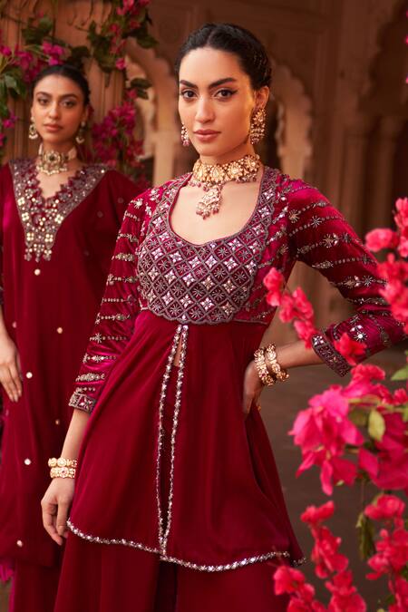 Shop_Reeti Arneja_Magenta Velvet, Organza Sequins, Metallic Thread, Mukaish Kurta Sharara Set _Online_at_Aza_Fashions