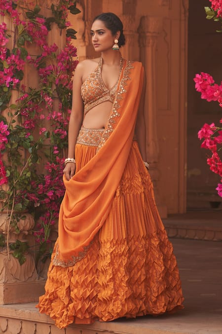 Shop_Reeti Arneja_Orange Silk, Organza Cut Work, Embroidery, Geometric Pleated Lehenga Blouse Set _at_Aza_Fashions