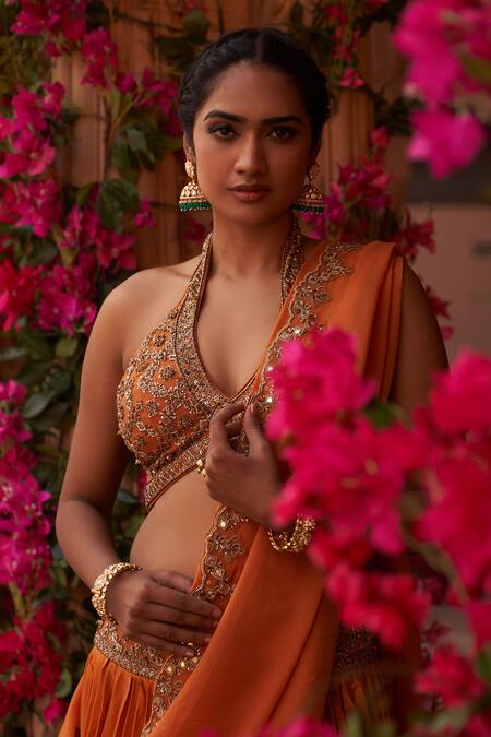 Buy_Reeti Arneja_Orange Silk, Organza Cut Work, Embroidery, Geometric Pleated Lehenga Blouse Set _Online_at_Aza_Fashions