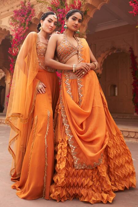 Shop_Reeti Arneja_Orange Silk, Organza Cut Work, Embroidery, Geometric Pleated Lehenga Blouse Set _Online_at_Aza_Fashions