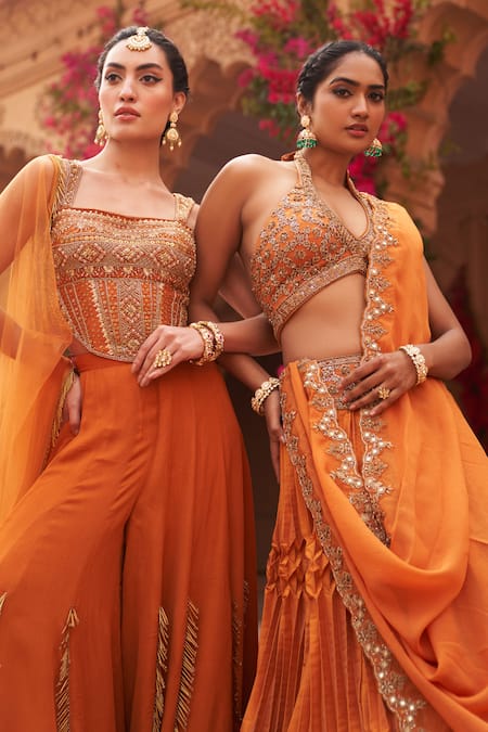 Reeti Arneja_Orange Net, Georgette Sequins, Beads, Embroidery Floral Corset Sharara Set _Online_at_Aza_Fashions