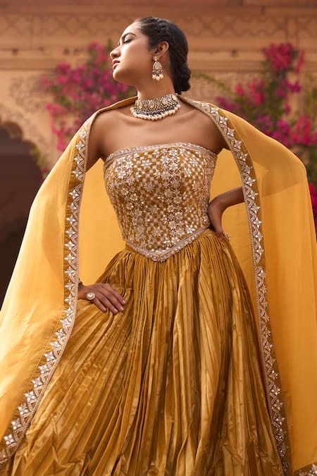 Buy Reeti Arneja Yellow Silk, Organza Embroidery Square Neck Corset And Geometric Pleated Lehenga Online at Aza Fashions Buy_Reeti Arneja_Yellow Silk, Organza Embroidery Square Neck Corset And Geometric Pleated Lehenga _Online_at_Aza_Fashions