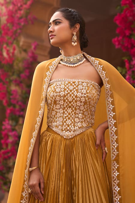 Shop Reeti Arneja Yellow Silk, Organza Embroidery Square Neck Corset And Geometric Pleated Lehenga Online at Aza Fashions Shop_Reeti Arneja_Yellow Silk, Organza Embroidery Square Neck Corset And Geometric Pleated Lehenga _Online_at_Aza_Fashions