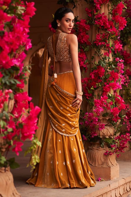 Reeti Arneja_Yellow Velvet Cut Work, Beads Pre-draped Saree With Tribal Embroidered Blouse _Online_at_Aza_Fashions