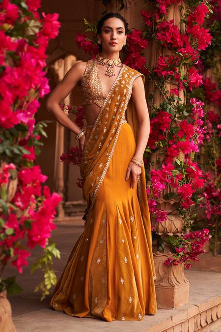 Buy_Reeti Arneja_Yellow Velvet Cut Work, Beads Pre-draped Saree With Tribal Embroidered Blouse _Online_at_Aza_Fashions
