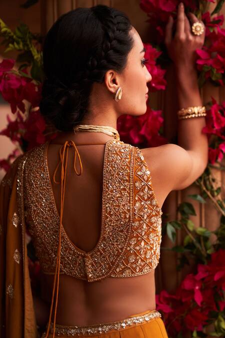 Shop_Reeti Arneja_Yellow Velvet Cut Work, Beads Pre-draped Saree With Tribal Embroidered Blouse _Online_at_Aza_Fashions