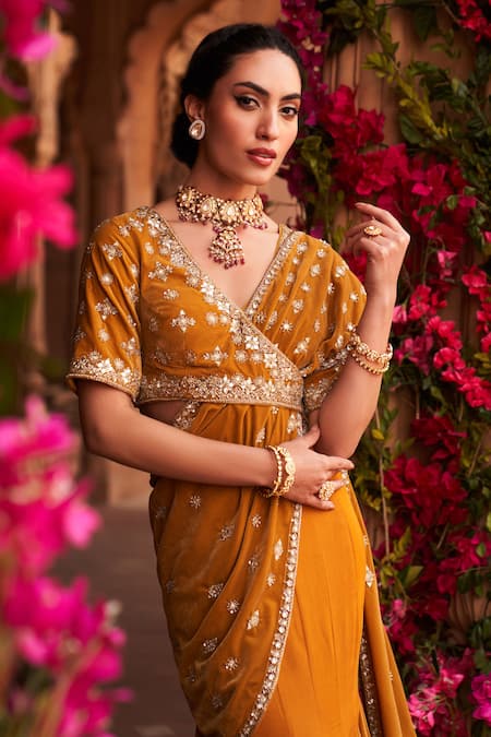Shop_Reeti Arneja_Yellow Velvet Beads, Cut Work Pre-draped Fish Saree With Embroidered Blouse _at_Aza_Fashions