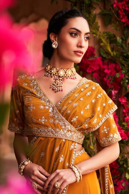 Reeti Arneja_Yellow Velvet Beads, Cut Work Pre-draped Fish Saree With Embroidered Blouse _Online_at_Aza_Fashions
