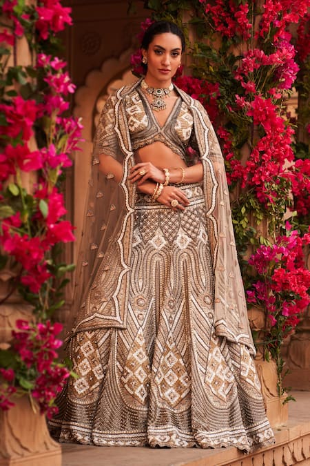 Reeti Arneja Silver Net Embroidery Gunmetal Metallic Mukaish And Salli Bridal Lehenga Set 