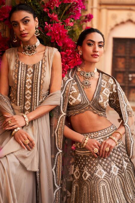 Buy_Reeti Arneja_Silver Organza, Net Mirrors, Zari Mukaish And Salli Embroidered Bridal Lehenga Set _Online_at_Aza_Fashions