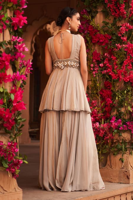 Shop_Reeti Arneja_Silver Georgette, Chiffon, Net Chandni Embroidered Short Anarkali Sharara Set _at_Aza_Fashions