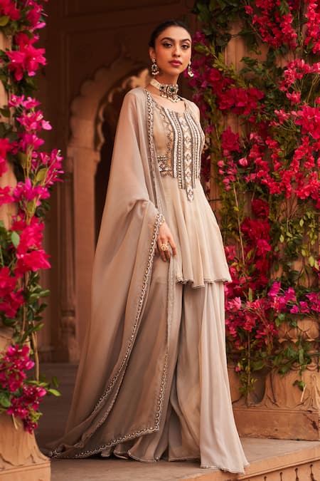 Reeti Arneja_Silver Georgette, Chiffon, Net Chandni Embroidered Short Anarkali Sharara Set _Online_at_Aza_Fashions