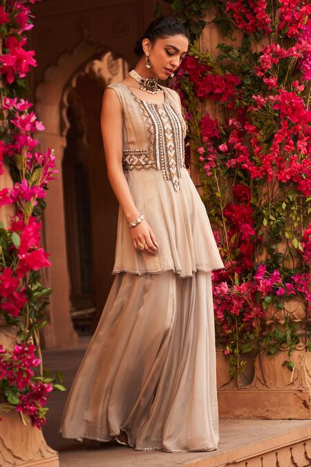 Buy_Reeti Arneja_Silver Georgette, Chiffon, Net Chandni Embroidered Short Anarkali Sharara Set _Online_at_Aza_Fashions