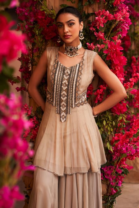 Reeti Arneja_Silver Georgette, Chiffon, Net Chandni Embroidered Short Anarkali Sharara Set _at_Aza_Fashions