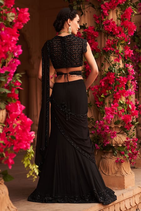 Reeti Arneja_Black Organza Beads, Cut Work Round Neck Syah Pre-draped Saree And Blouse Set _Online_at_Aza_Fashions