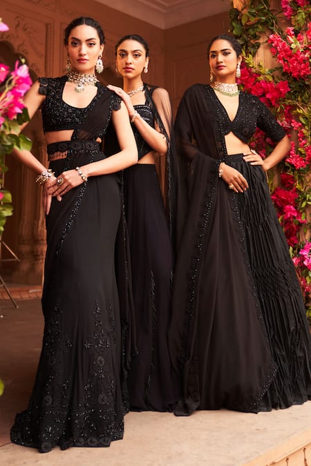 Buy_Reeti Arneja_Black Organza Beads, Cut Work Round Neck Syah Pre-draped Saree And Blouse Set _Online_at_Aza_Fashions