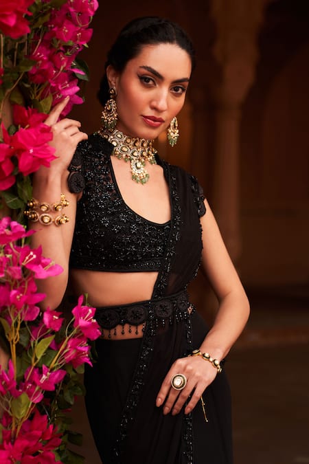 Shop_Reeti Arneja_Black Organza Beads, Cut Work Round Neck Syah Pre-draped Saree And Blouse Set _Online_at_Aza_Fashions