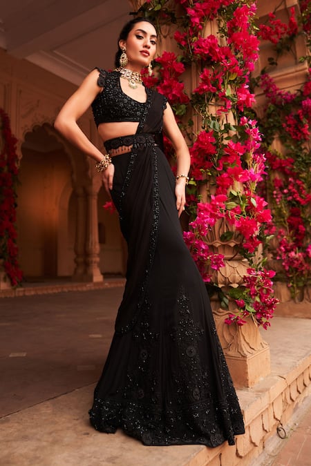 Reeti Arneja_Black Organza Beads, Cut Work Round Neck Syah Pre-draped Saree And Blouse Set _at_Aza_Fashions
