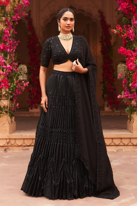 Reeti Arneja Black Organza Blouse And Dupatta Embroidery Dori Syah Pleated Lehenga Set 