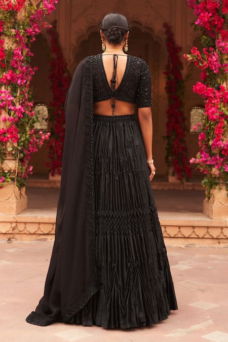 Shop_Reeti Arneja_Black Organza, Taffeta Beads, Syah Pleated Lehenga Embroidered Blouse Set _at_Aza_Fashions