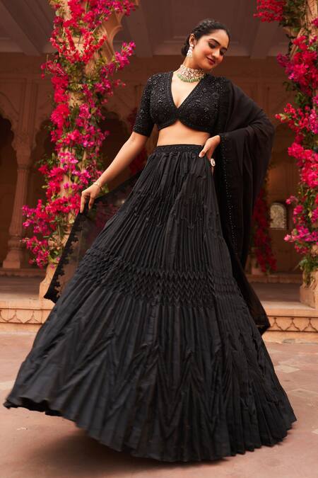 Reeti Arneja_Black Organza, Taffeta Beads, Syah Pleated Lehenga Embroidered Blouse Set _Online_at_Aza_Fashions