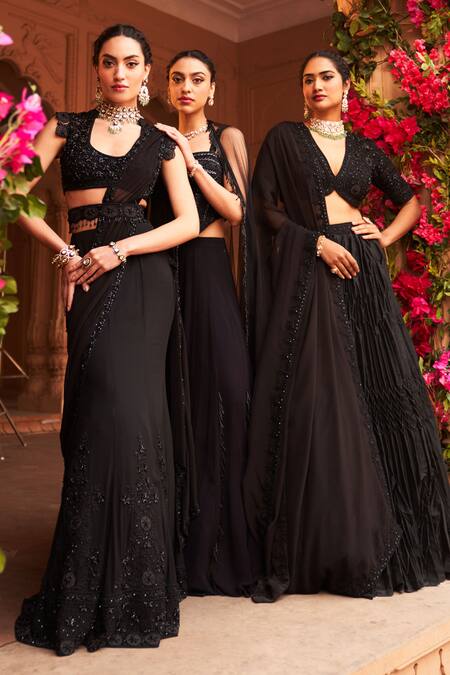 Buy_Reeti Arneja_Black Organza, Taffeta Beads, Syah Pleated Lehenga Embroidered Blouse Set 