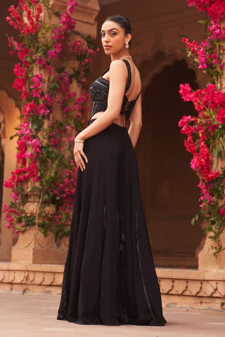 Shop_Reeti Arneja_Black Georgette Sequins, Tassels Square Neck Syah Embroidered Corset Sharara Set _at_Aza_Fashions