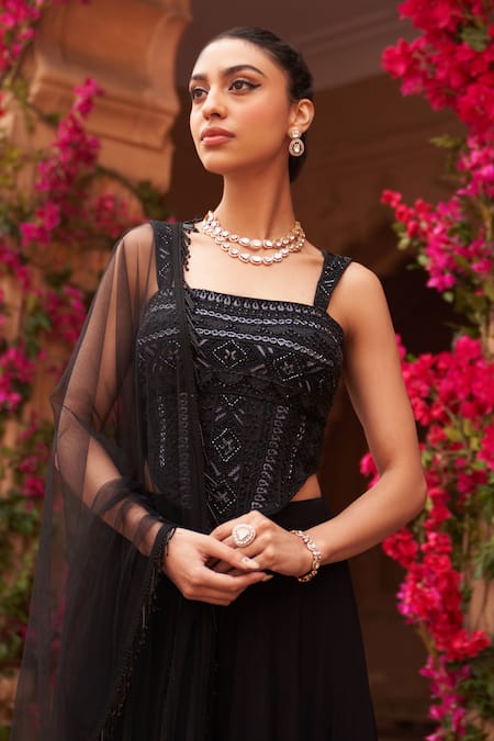 Reeti Arneja_Black Georgette Sequins, Tassels Square Neck Syah Embroidered Corset Sharara Set _Online_at_Aza_Fashions